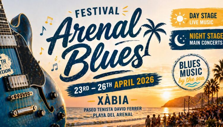 Arenal Blues Festival Jávea live music stage at sunset by Arenal beach with crowd